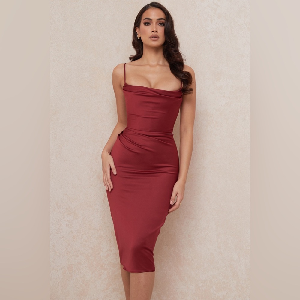 HOUSE OF CB ANJA WINE SATIN CORSET MIDI DRESS